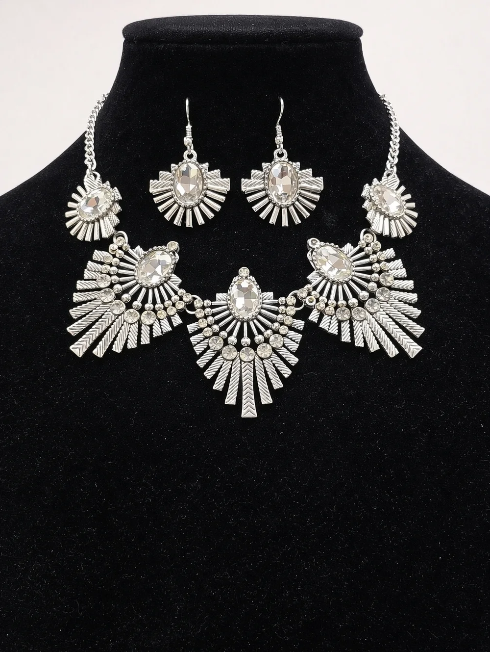 Silver Statement Necklace Set | Crystal Fan Design | Matching Earrings - Picture 1 of 1